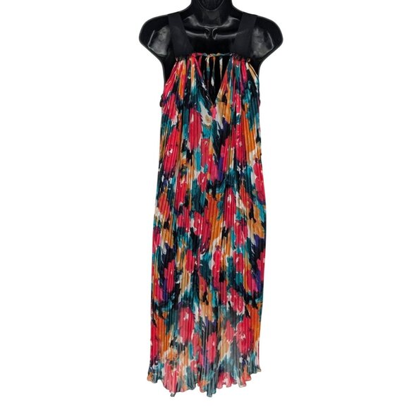 Abstract Pleated Asymmetrical Dress Colorful Art Print Flowy Boho Resort Size 6 - Picture 2 of 14